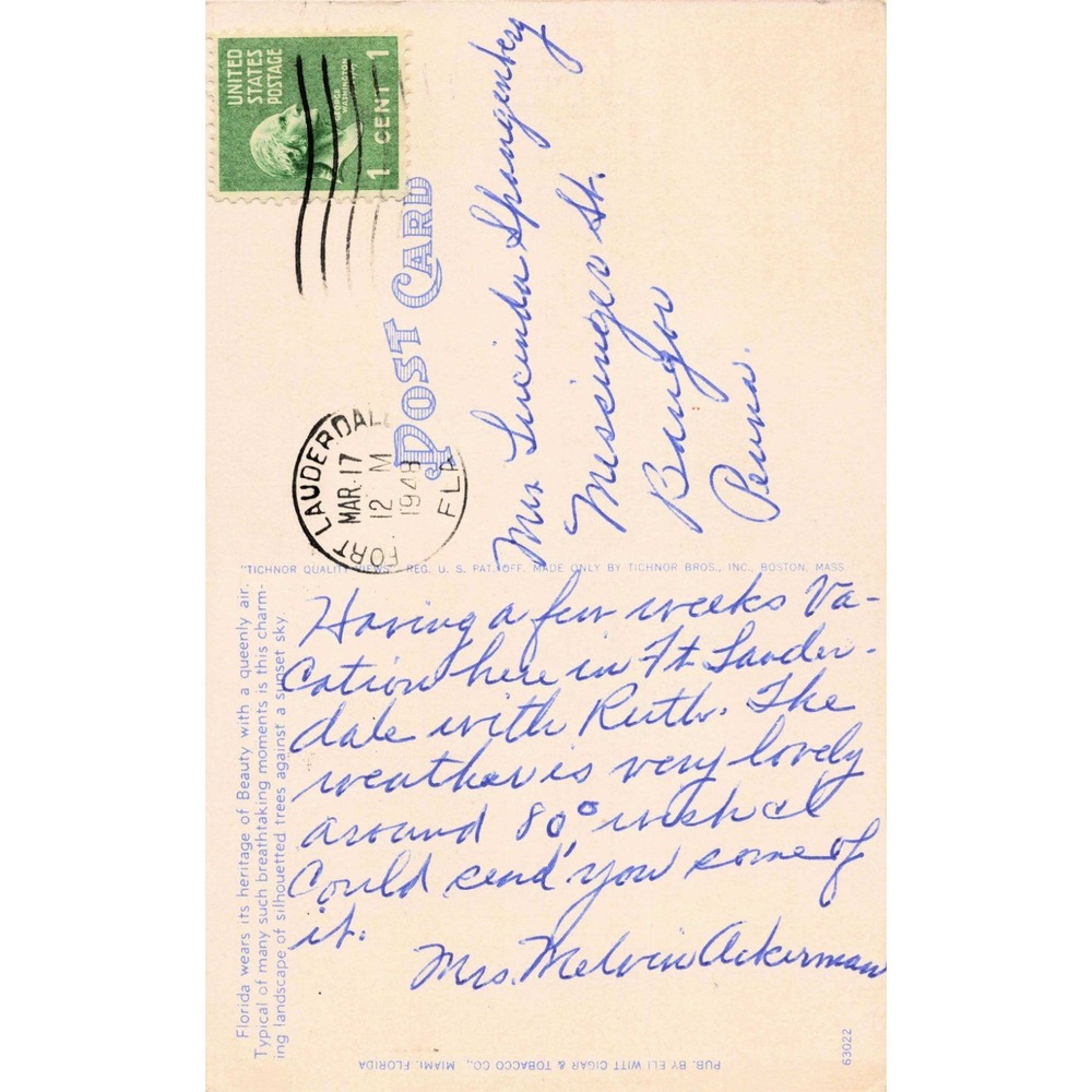 Vintage Florida Silhouette Linen Postcard 1948 Fort Lauderdale Manley Brower 139 - Picture 2 of 2